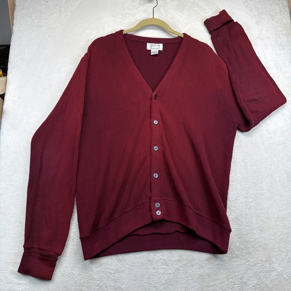 Vintage Grandpa Cardigan Sweater Mens L Burgundy V Neck Preppy USA Arrow